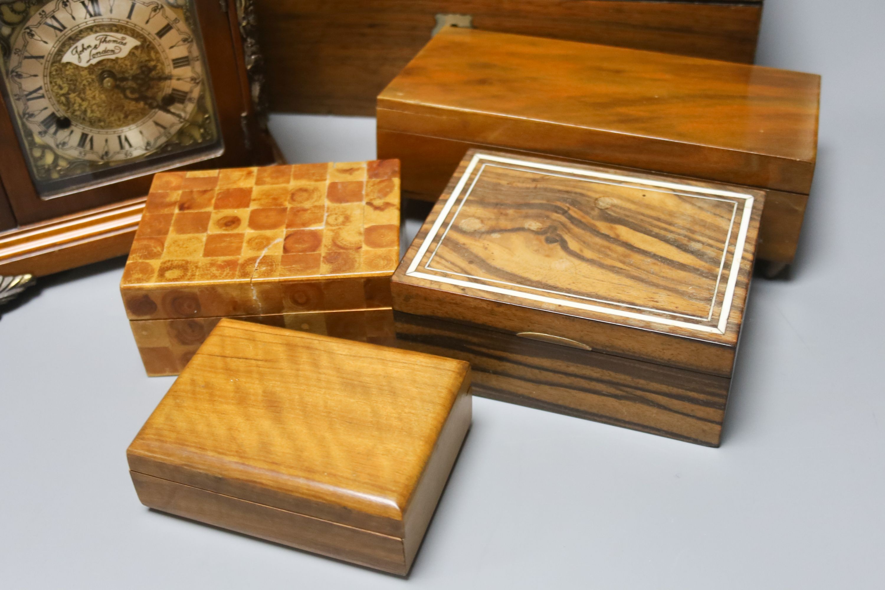 A Victorian rosewood writing box, a Georgian style mantel clock by John Thomas, London and sundry boxes